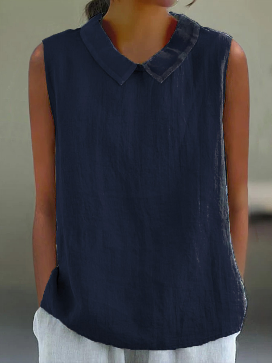 Lässiges Baumwoll-Leinen-Tanktop mit Bubikragen für Damen