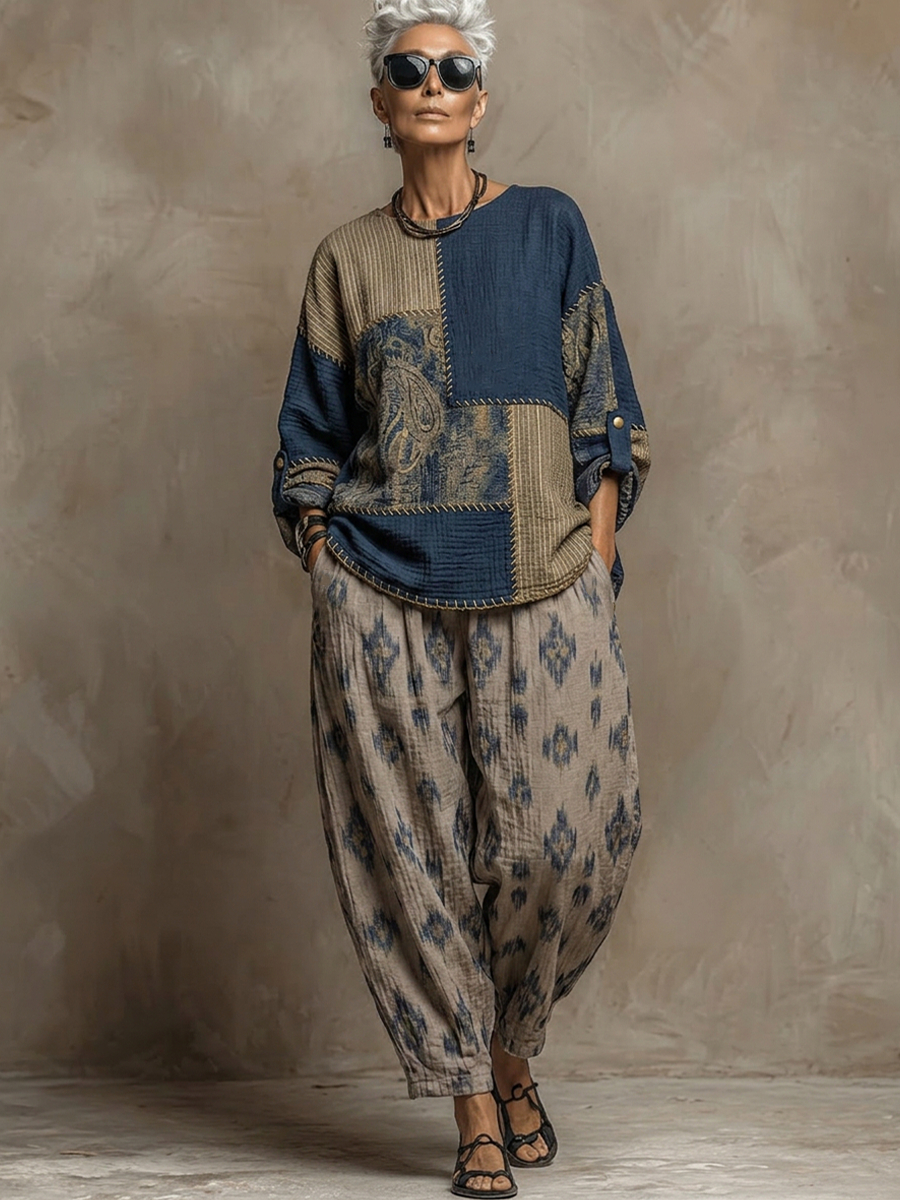 Boho Paisley-Muster Leinen- und Baumwoll-Zweiteiler: Oberteil und Hose