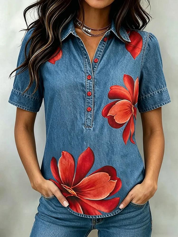 Mother's Day Gift❤️Floral Denim Print Casual Blouse