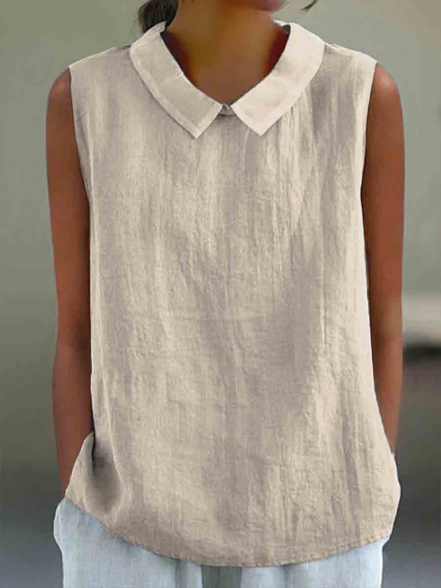 Lässiges Baumwoll-Leinen-Tanktop mit Bubikragen für Damen