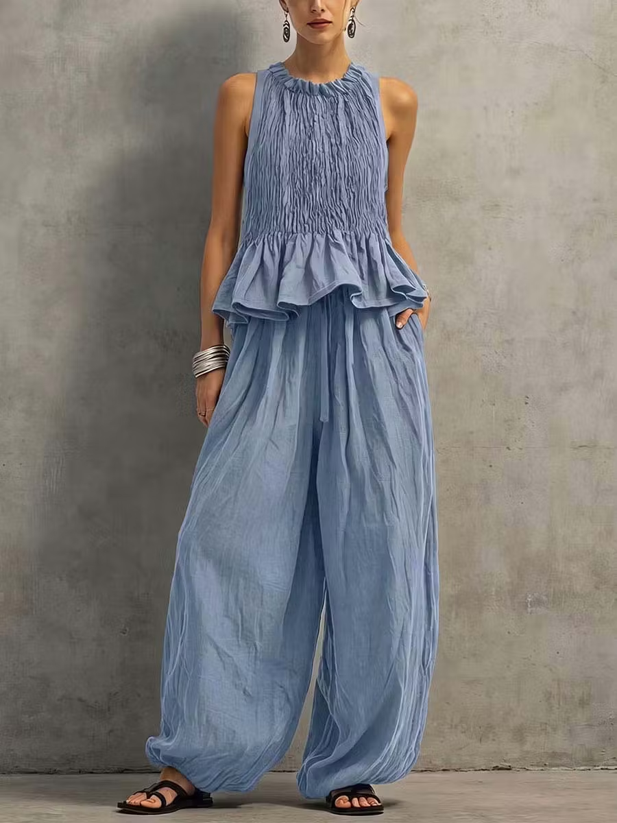 Women’s Cotton Linen Smocked Wide Leg Two-Piece Set