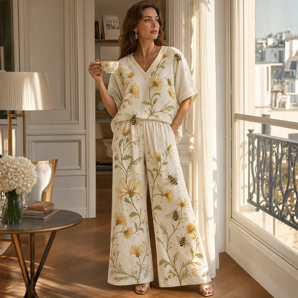 Damen Zweiteiler-Set mit floralem Print: V-Ausschnitt Oberteil & weite Hose