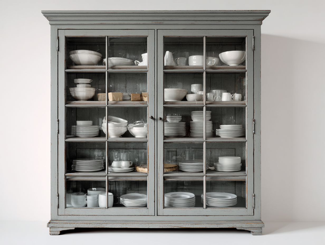 Vitrine - Bois MDF-Verre - 156 x 46 x 188 cm - Gris patiné - Style campagne classique-Sofamyyard