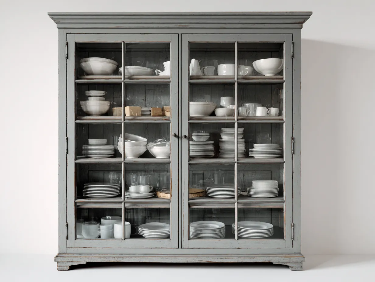 Vitrine - Bois MDF-Verre - 156 x 46 x 188 cm - Gris patiné - Style campagne classique-Sofamyyard