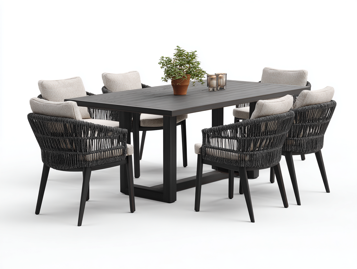 Salon de jardin repas-aluminium-rotin synthétique-textile 180 x 90 x 75 cm-noir-grège-style moderne-Sofamyyard