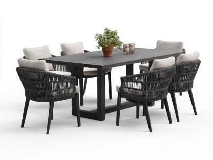 Salon de jardin repas-aluminium-rotin synthétique-textile 180 x 90 x 75 cm-noir-grège-style moderne-Sofamyyard