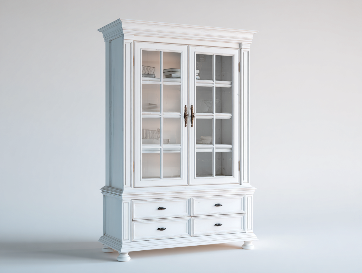 Vitrine-bois-verre-158 x 44 x 208 cm-blanc cassé-style classique cuisine-Sofamyyard