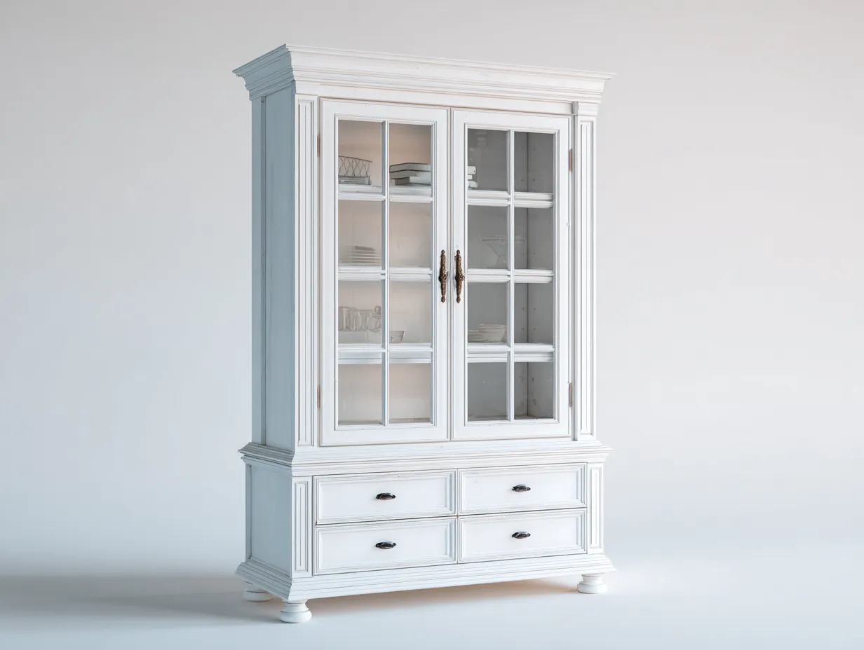 Vitrine-bois-verre-158 x 44 x 208 cm-blanc cassé-style classique cuisine-Sofamyyard