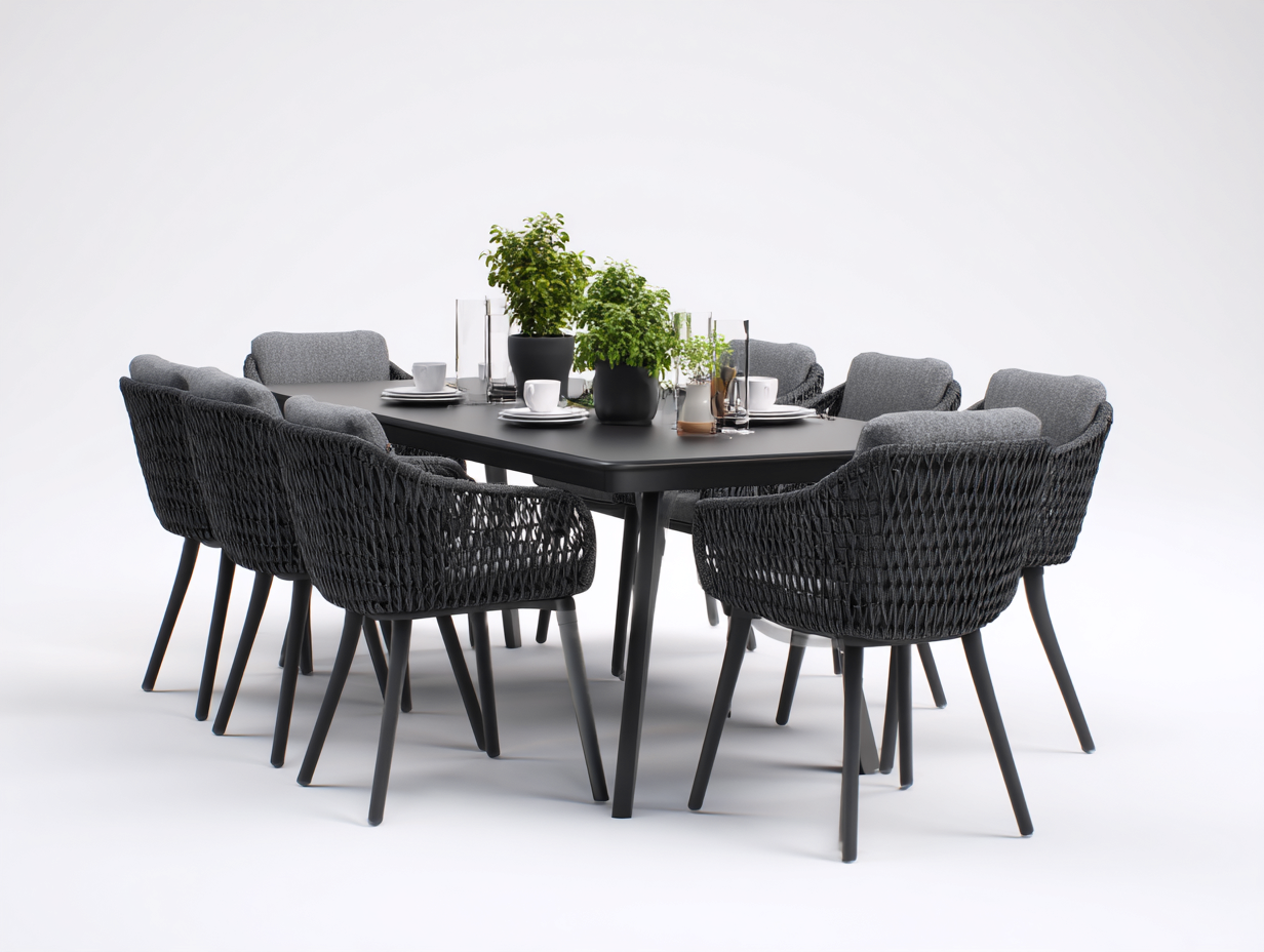 Salon de jardin repas - métal-corde-tissu - 210 x 100 x 75 cm - noir-gris foncé - style moderne-Sofamyyard