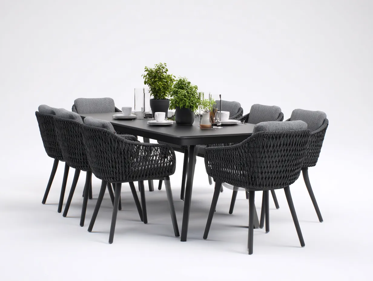 Salon de jardin repas - métal-corde-tissu - 210 x 100 x 75 cm - noir-gris foncé - style moderne-Sofamyyard