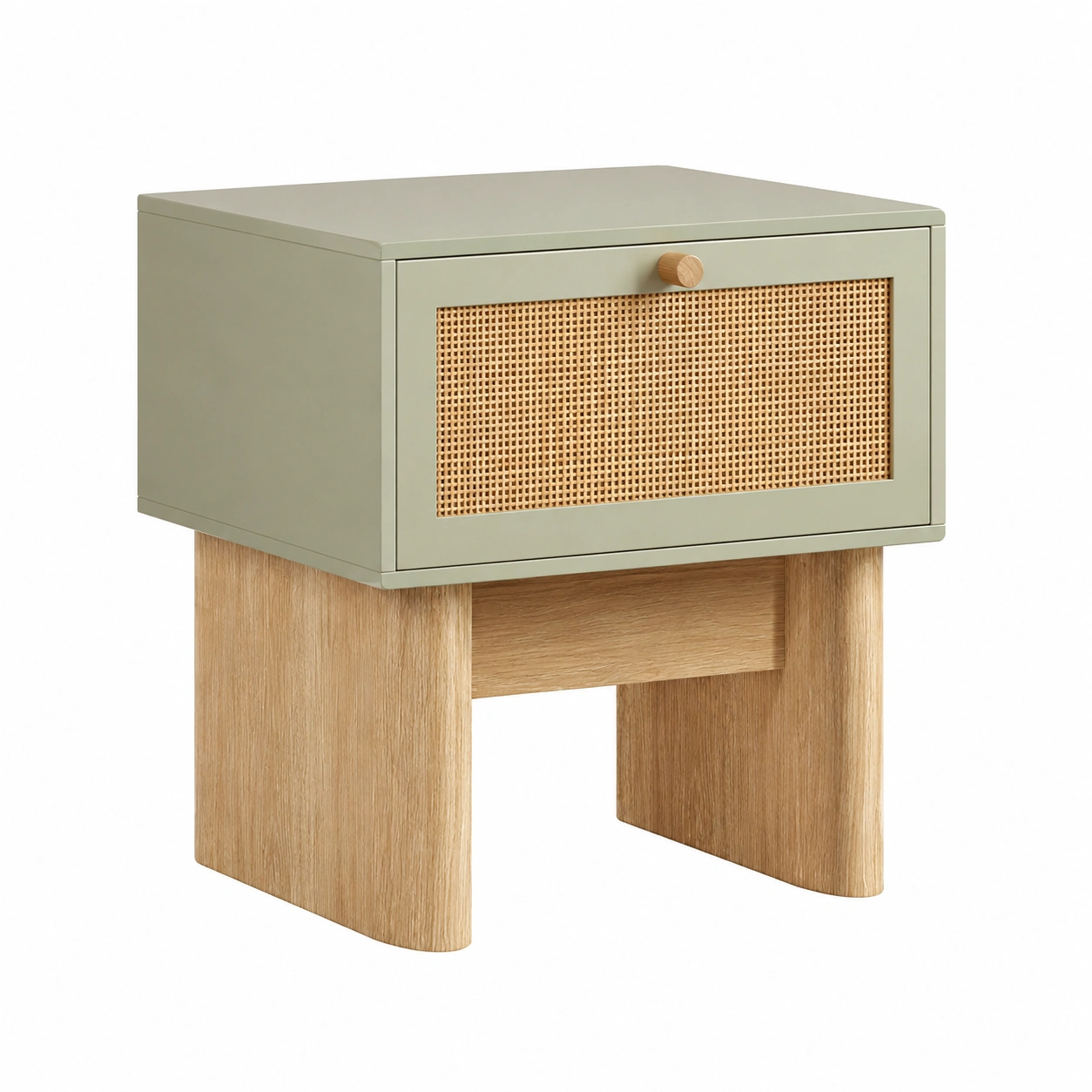 Mesita de Noche Verde Oliva con Rattan-nordviro