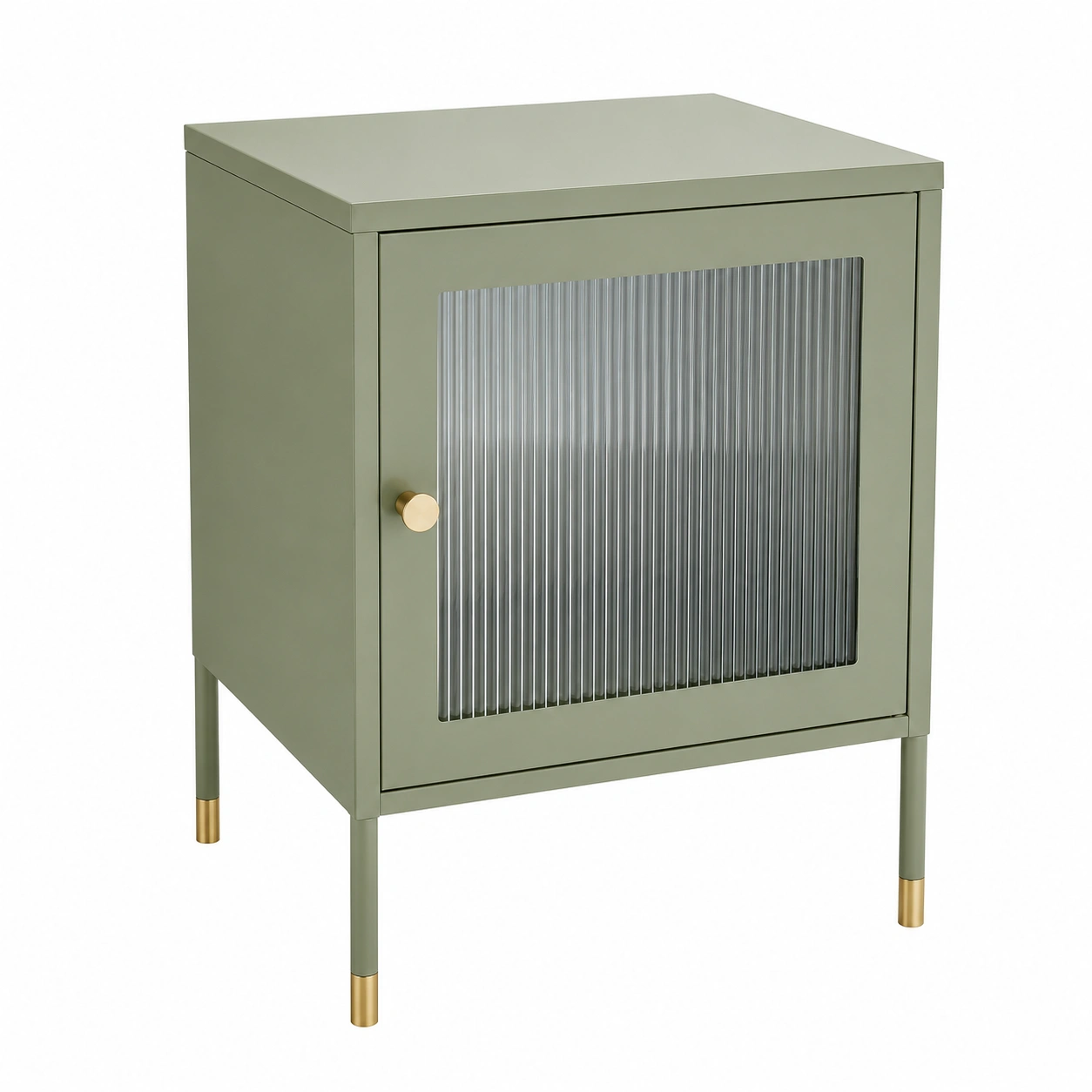 Mesita de noche metalica verde salvia con puerta de vidrio acanalado y detalles dorados estilo moderno-nordviro