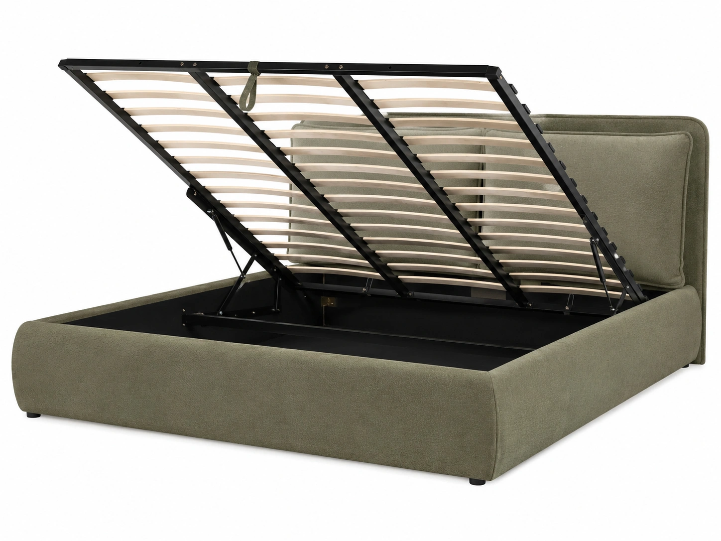 Cama tapizada abatible con almacenaje interior y cabecero acolchado verde oliva-nordviro