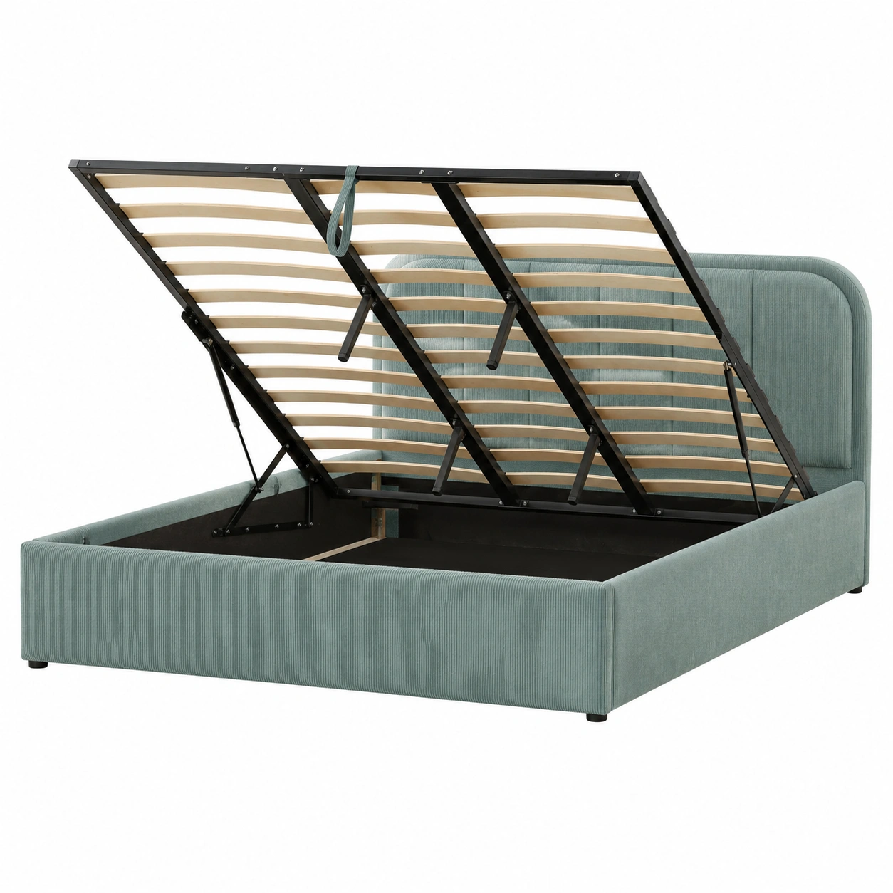 Cama tapizada elevable con almacenaje interior y cabecero acolchado en tela verde suave para dormitorio moderno-nordviro