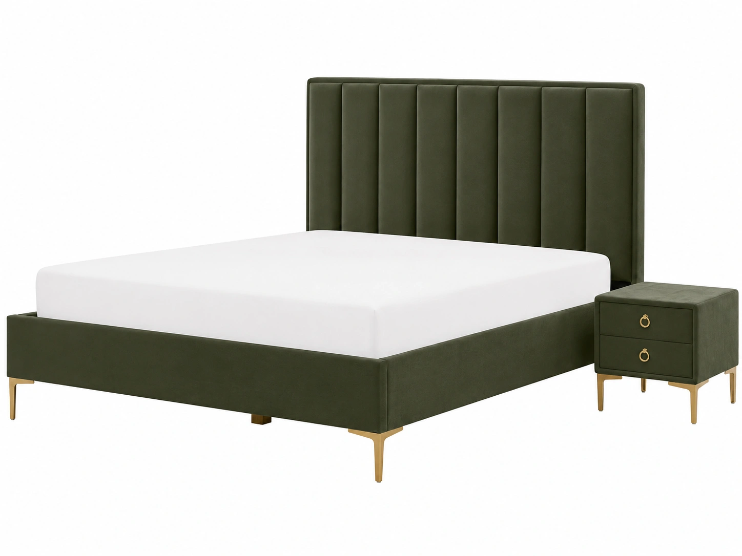 Cama moderna tapizada con cabecero acolchado vertical y mesita auxiliar en verde oscuro para dormitorio elegante-nordviro