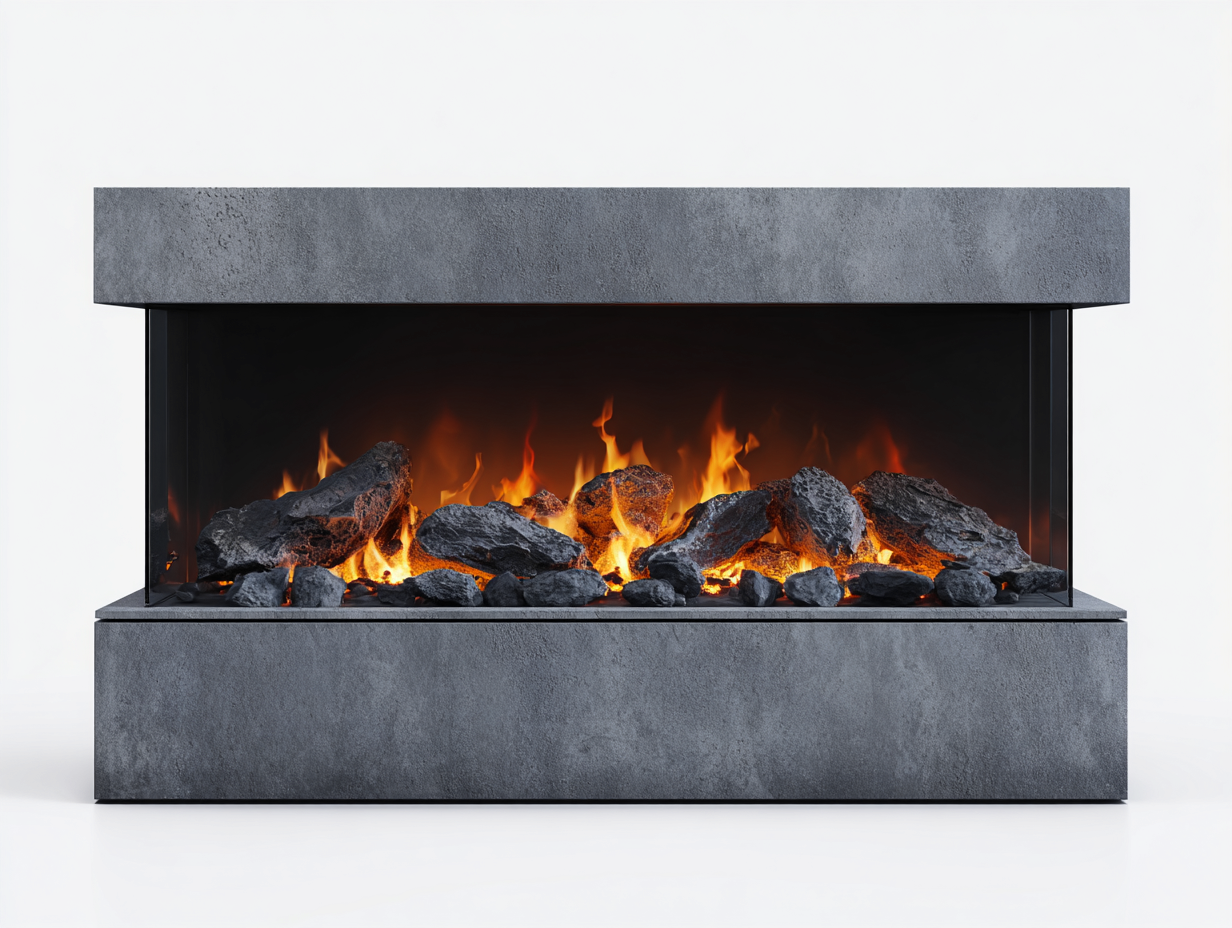 Cheminée électrique - panneaux techniques-verre-métal - 180 x 32 x 92 cm - gris-noir-orange - style industriel moderne-Nestuphaus