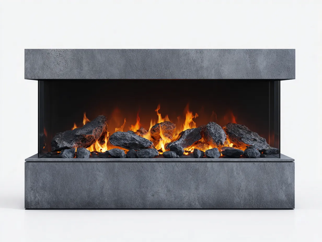 Cheminée électrique - panneaux techniques-verre-métal - 180 x 32 x 92 cm - gris-noir-orange - style industriel moderne-Nestuphaus