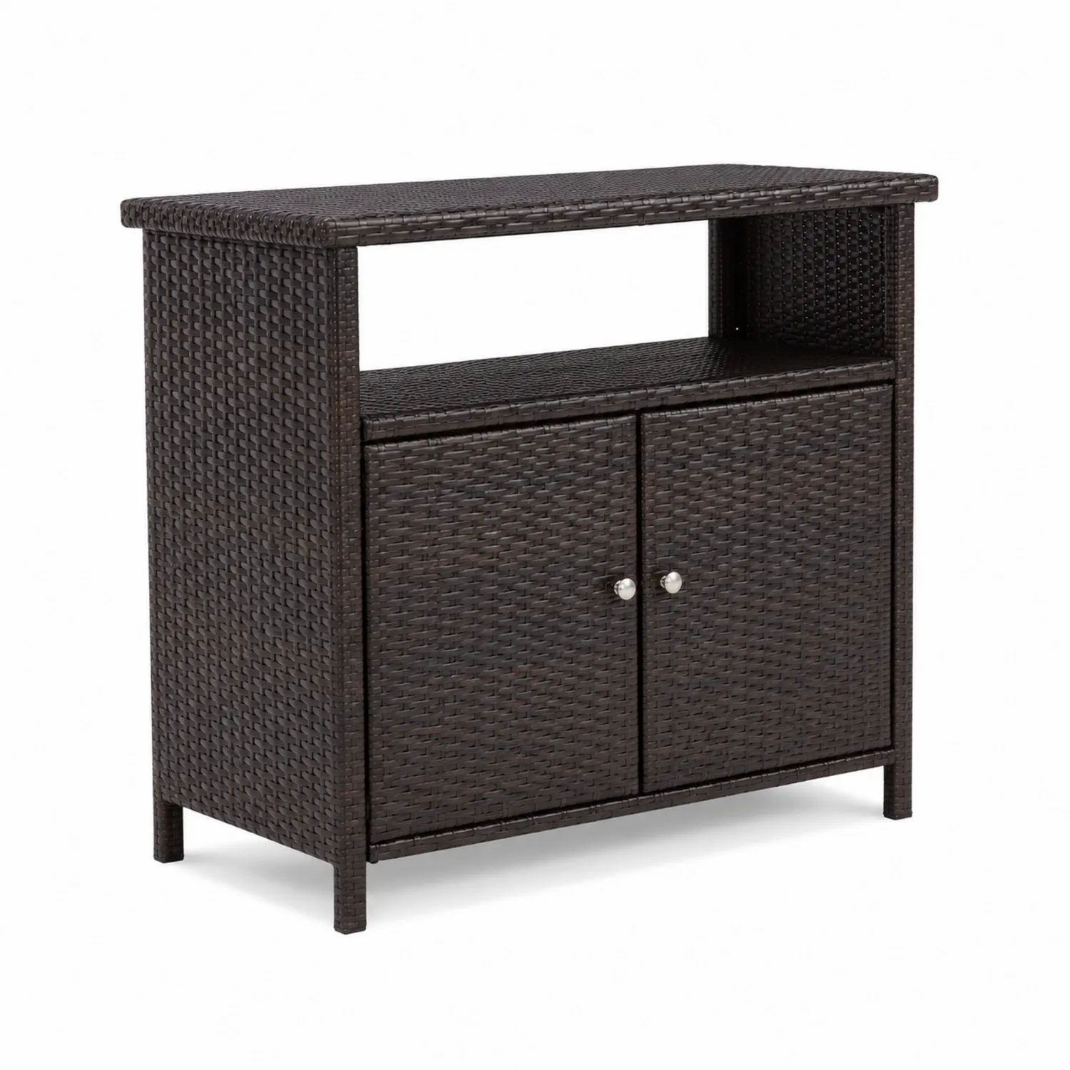 Mesa consola de ratán sintético marrón con estante y puertas