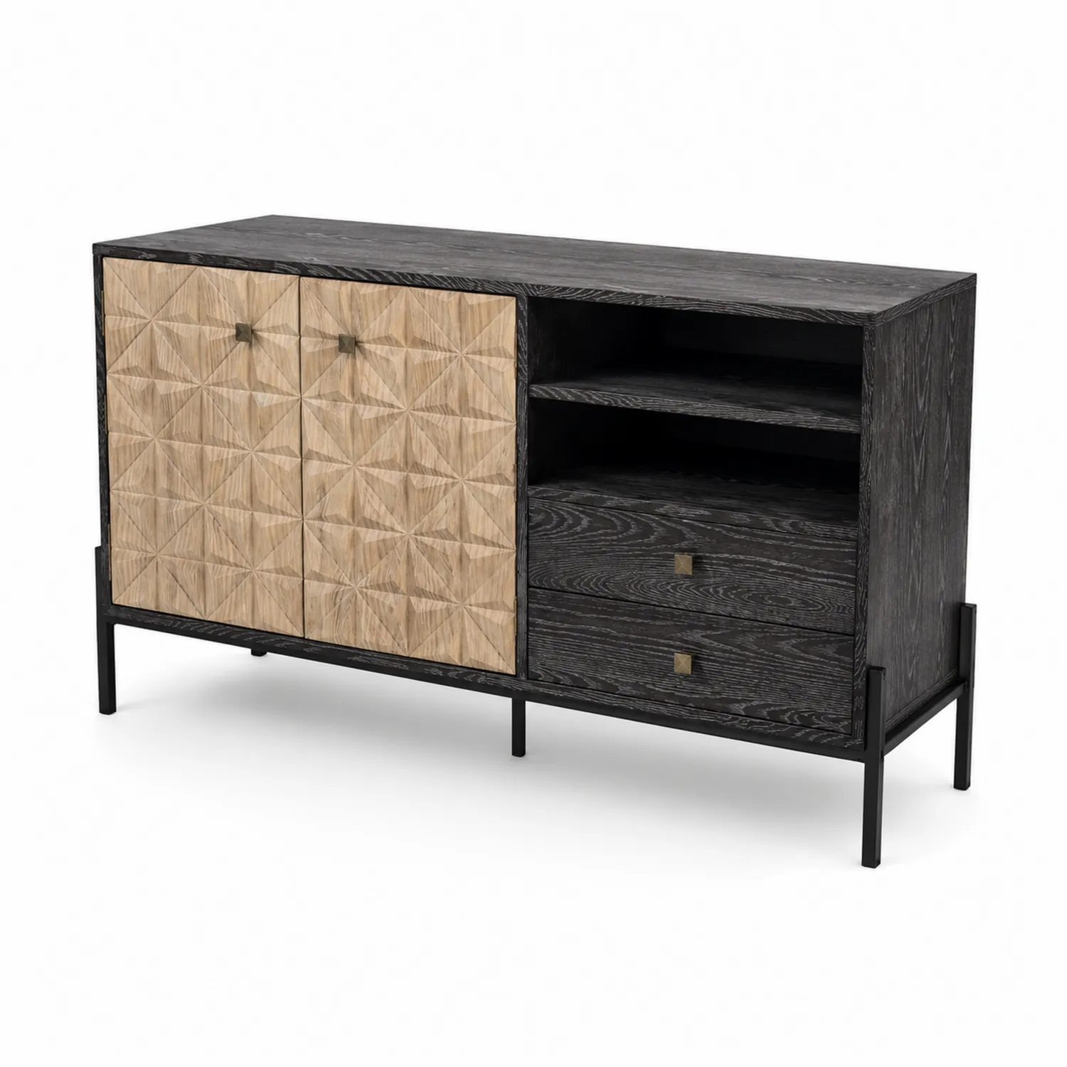 Aparador de madera de roble negro y natural con puertas y cajones 150cm