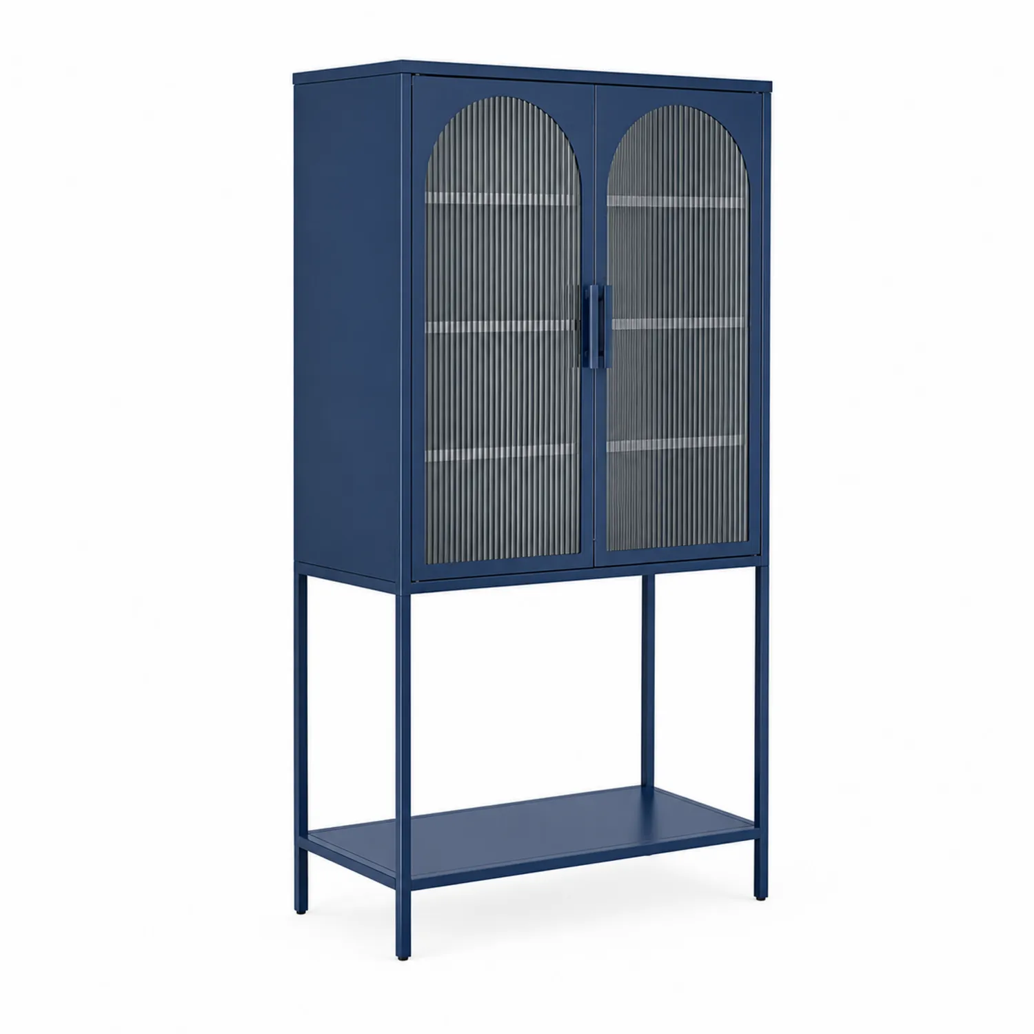 Aparador de Metal Azul con Puertas de Vidrio Acanalado