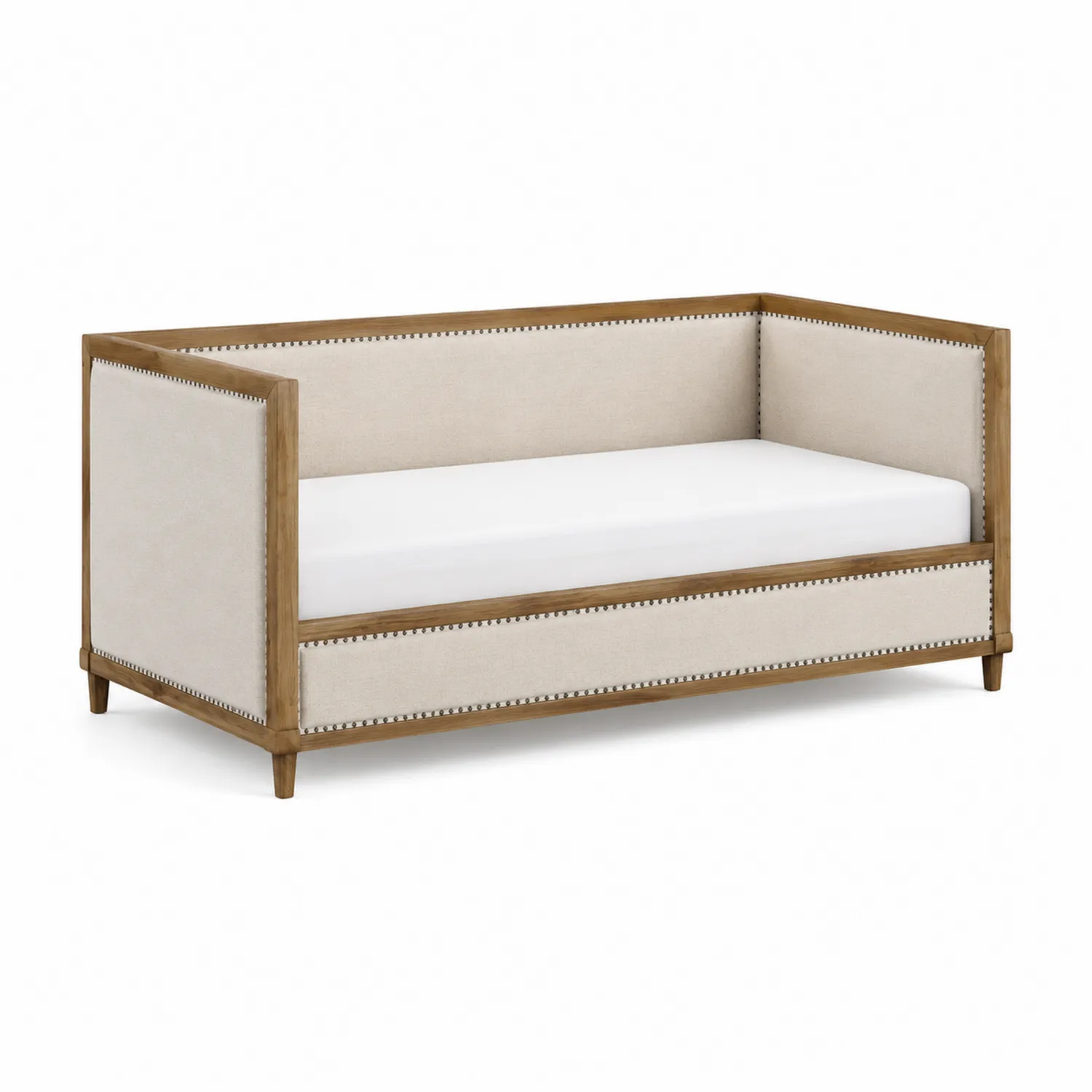 Sofá cama de madera y tela beige