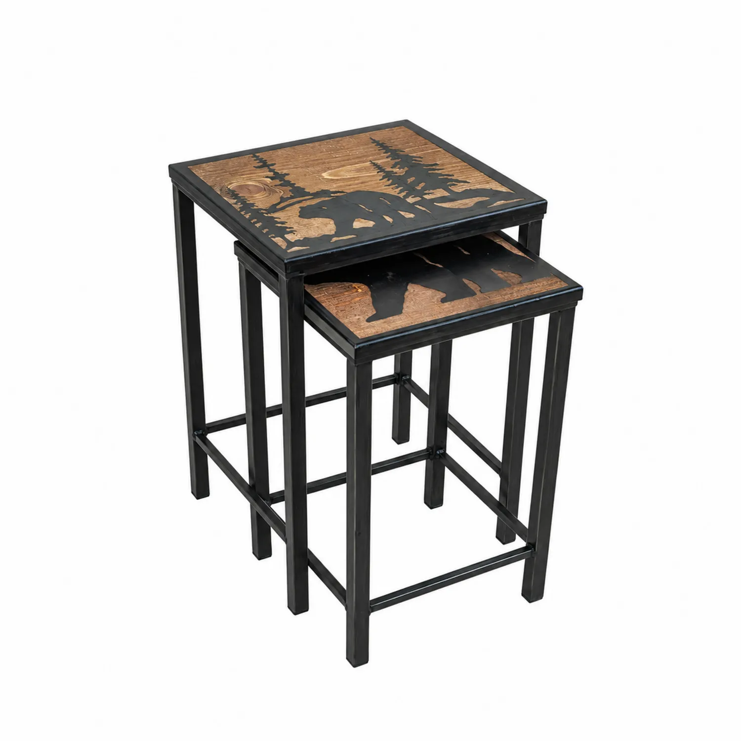 Juego de Mesas Nido de Madera y Metal Negro
