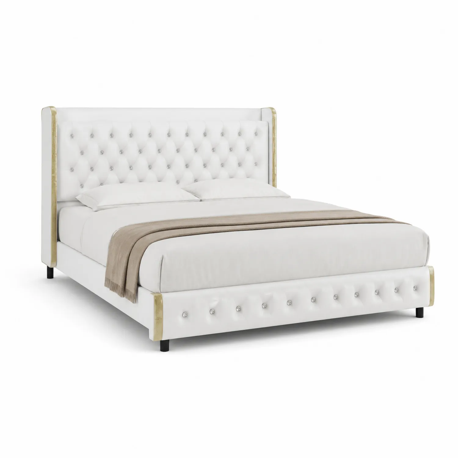Cama tapizada en cuero sintético blanca con adornos dorados