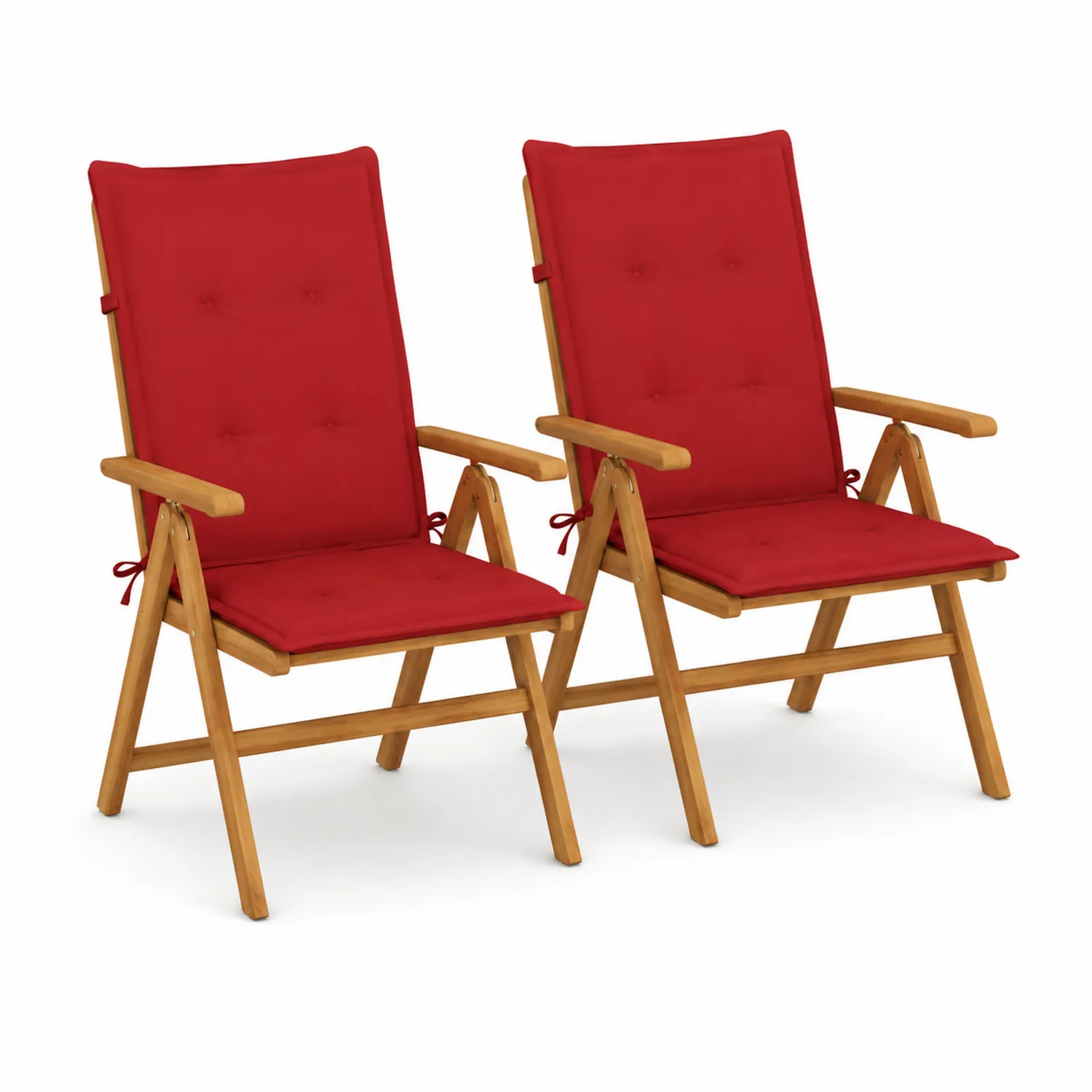 Juego de 2 sillas plegables de madera de acacia con cojines rojos