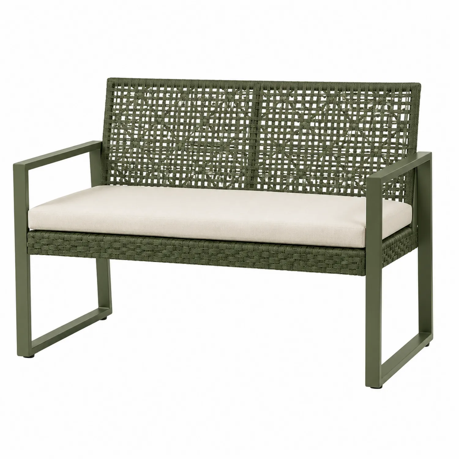 Outdoor-Bank Metall, Geflecht, Kissen, Grün und Beige