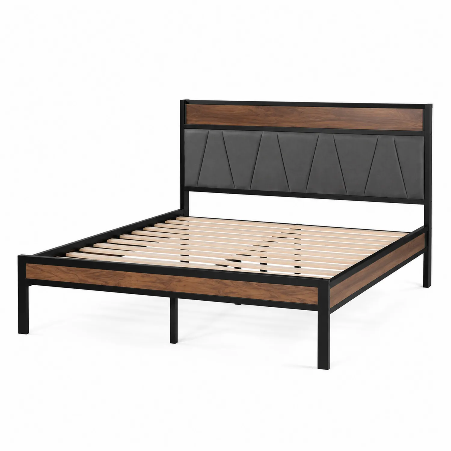 Metall-Holzoptik-Bett Schwarz Grau 200x160 cm