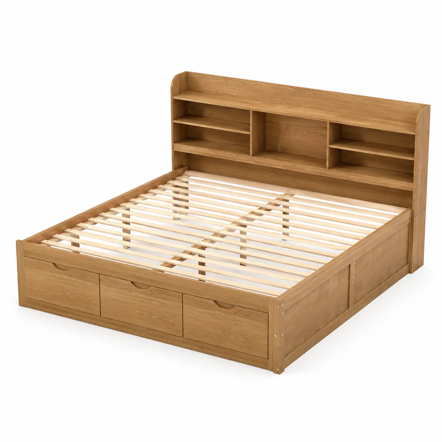 Ehebett aus Massivholz Eiche mit Regal und Schubladen 140x200 cm