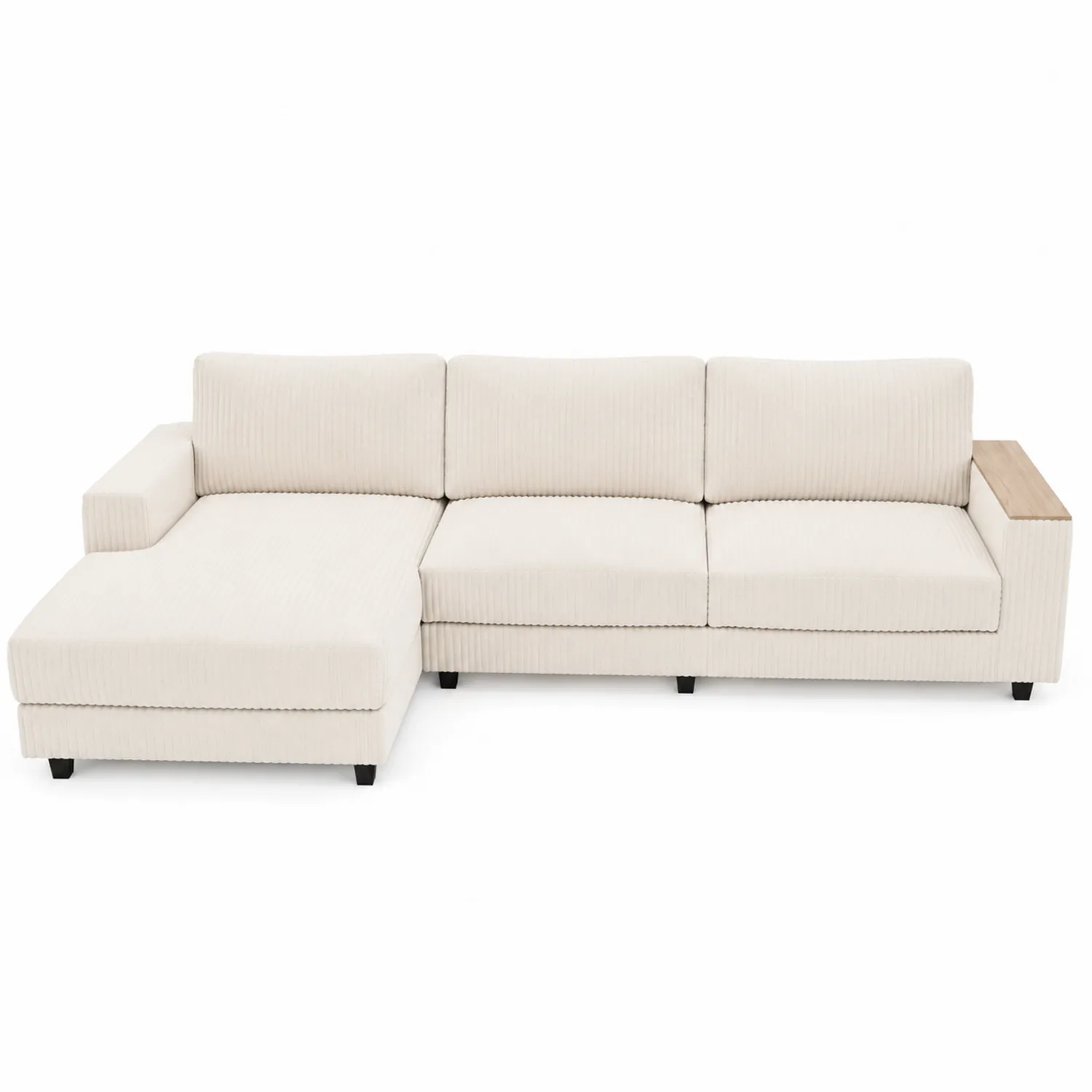 Ecksofa Beige Cordstoff mit Holzablage