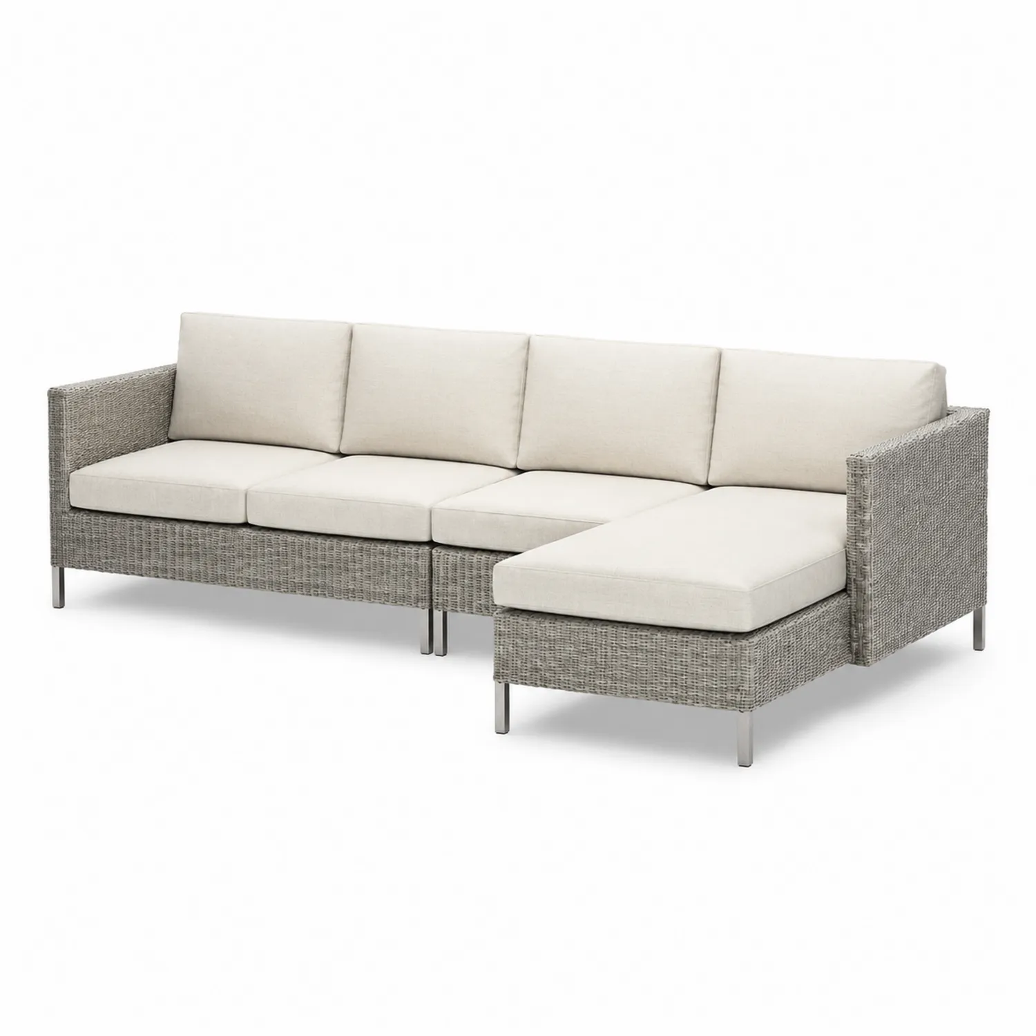 Outdoor Ecksofa Set Rattan Grau mit Creme Kissen - 4-Sitzer