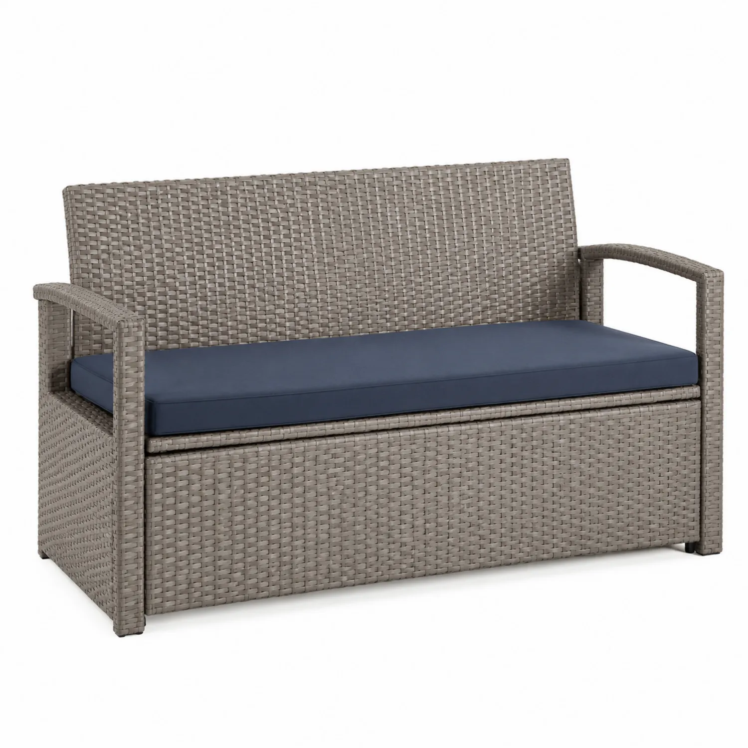 Rattan-Gartenbank mit Stauraum und blauem Kissen