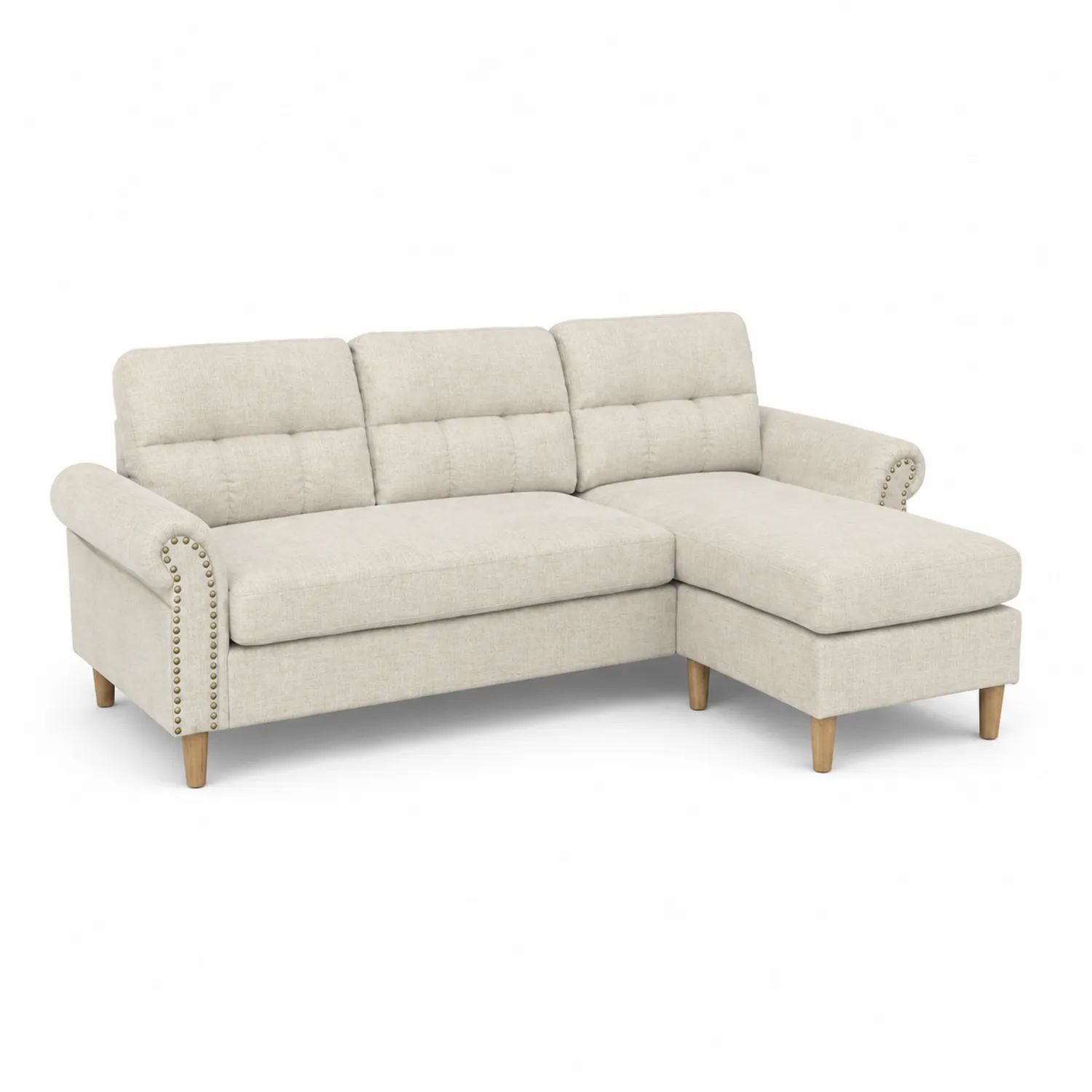 Ecksofa Beige Stoff L-Form Massivholzbeine