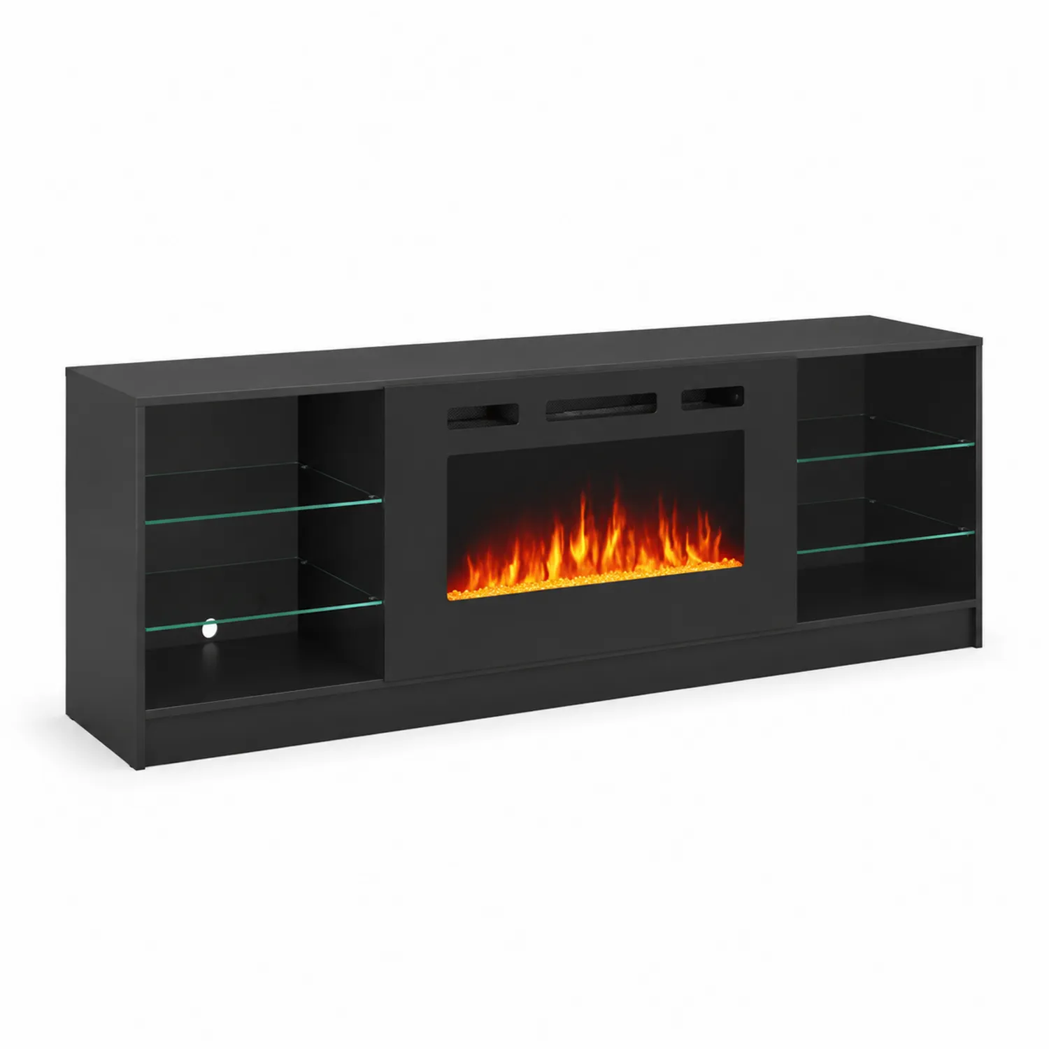 Schwarzer TV-Schrank mit elektrischem Kamin, MDF und Glas