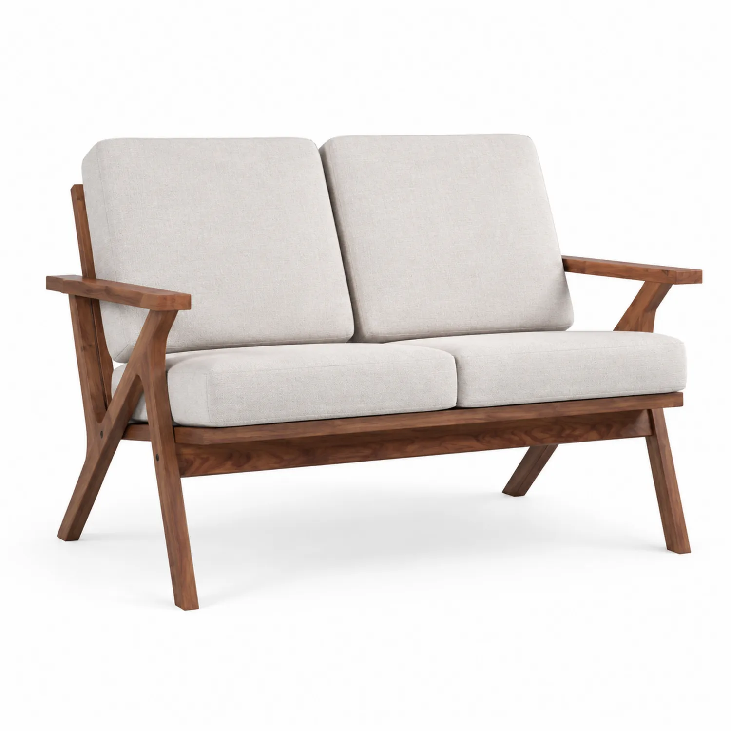 Beige Zweisitzer Sofa mit Walnussholzrahmen