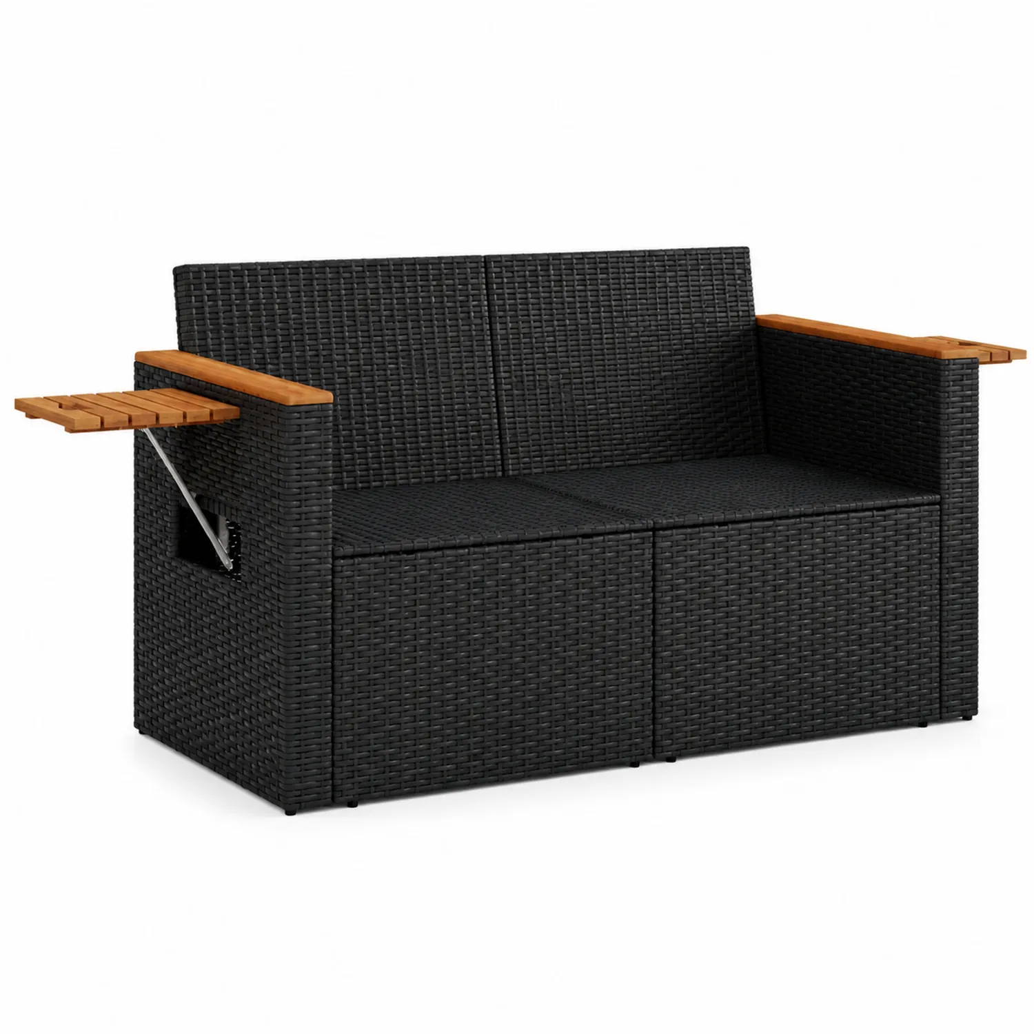 Gartensofa 2-Sitzer aus Polyrattan Schwarz mit Klapptischen