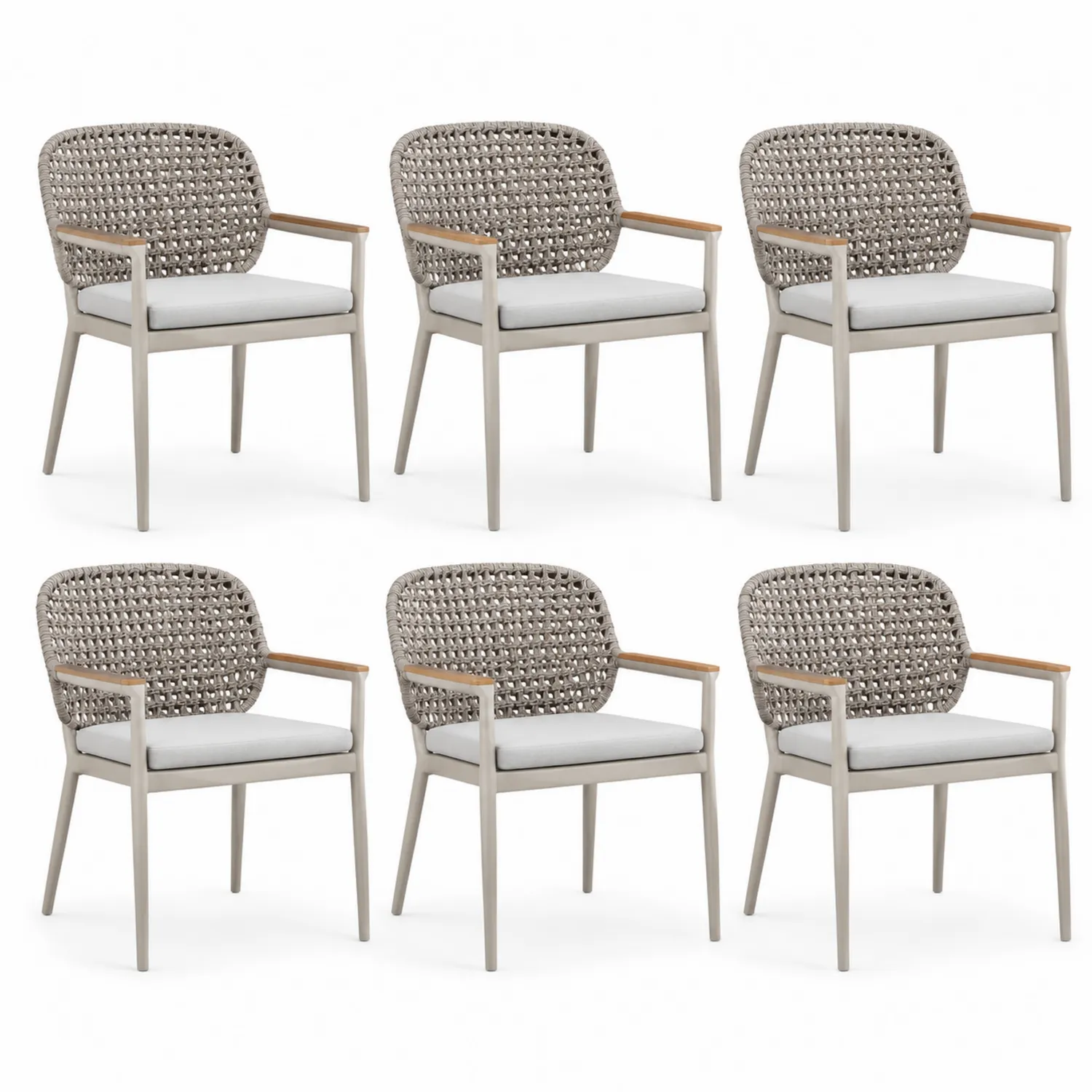 6er Set Gartenstühle mit Armlehnen Aluminium Grau Seilgeflecht