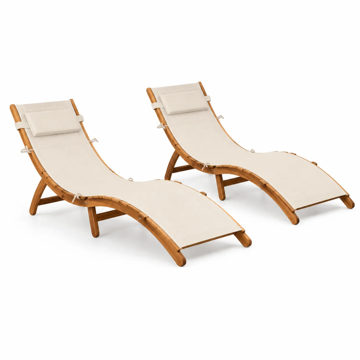 2er Set Holz Gartenliegestuhl aus Eukalyptusholz Beige
