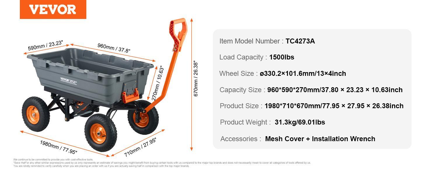 【Summerfinds】VEVOR Poly Garden Dump Cart with Easy to Assemble Steel Frame,  2-in-1 Convertible Handle, Max Capacity 1500 lbs, Utility Wheelbarrow Productivity Yard