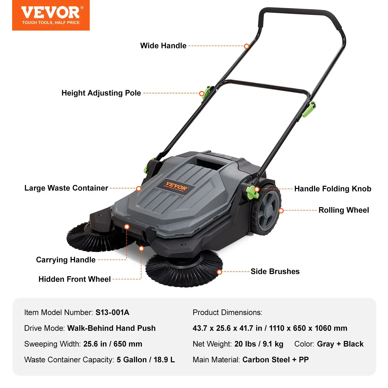 VEVOR Walk-behind Hand Push Floor Sweeper - 25.6" Width