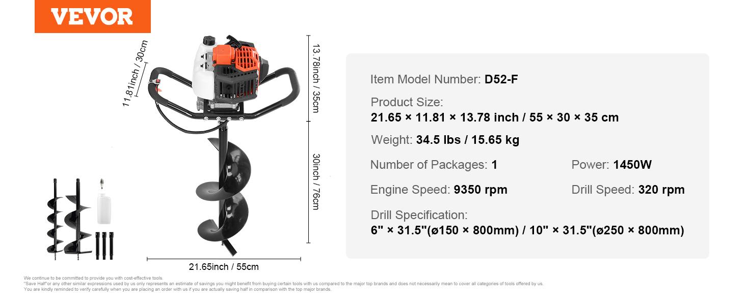 【Summerfinds】VEVOR Post Hole Digger 52cc 1450W Auger Post Hole diggerGas Powered Earth Digger with Two Earth Auger Drill Bit 6" & 10" and 3 Extension Rodsfor FarmlandGarden and PlantEPA certification 【Summerfinds】VEVOR Post Hole Digger 52cc 1450W Auger Post Hole diggerGas Powered Earth Digger with Two Earth Auger Drill Bit 6" & 10" and 3 Extension Rodsfor FarmlandGarden and PlantEPA certification