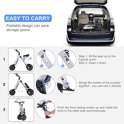 ES35 Powered Electric Scooter 3 Wheels Foldable Trike with Seat for Adults, Lightweight Electric Scooter with Removable 36V 7.8AH Battery, Reverse Function & Key Switch for Commute and Travel
