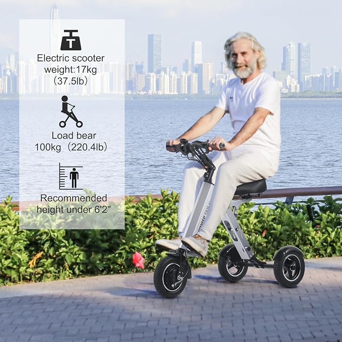 ES35 Powered Electric Scooter 3 Wheels Foldable Trike with Seat for Adults, Lightweight Electric Scooter with Removable 36V 7.8AH Battery, Reverse Function & Key Switch for Commute and Travel