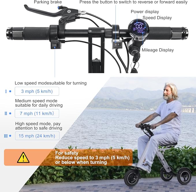 ES35 Powered Electric Scooter 3 Wheels Foldable Trike with Seat for Adults, Lightweight Electric Scooter with Removable 36V 7.8AH Battery, Reverse Function & Key Switch for Commute and Travel