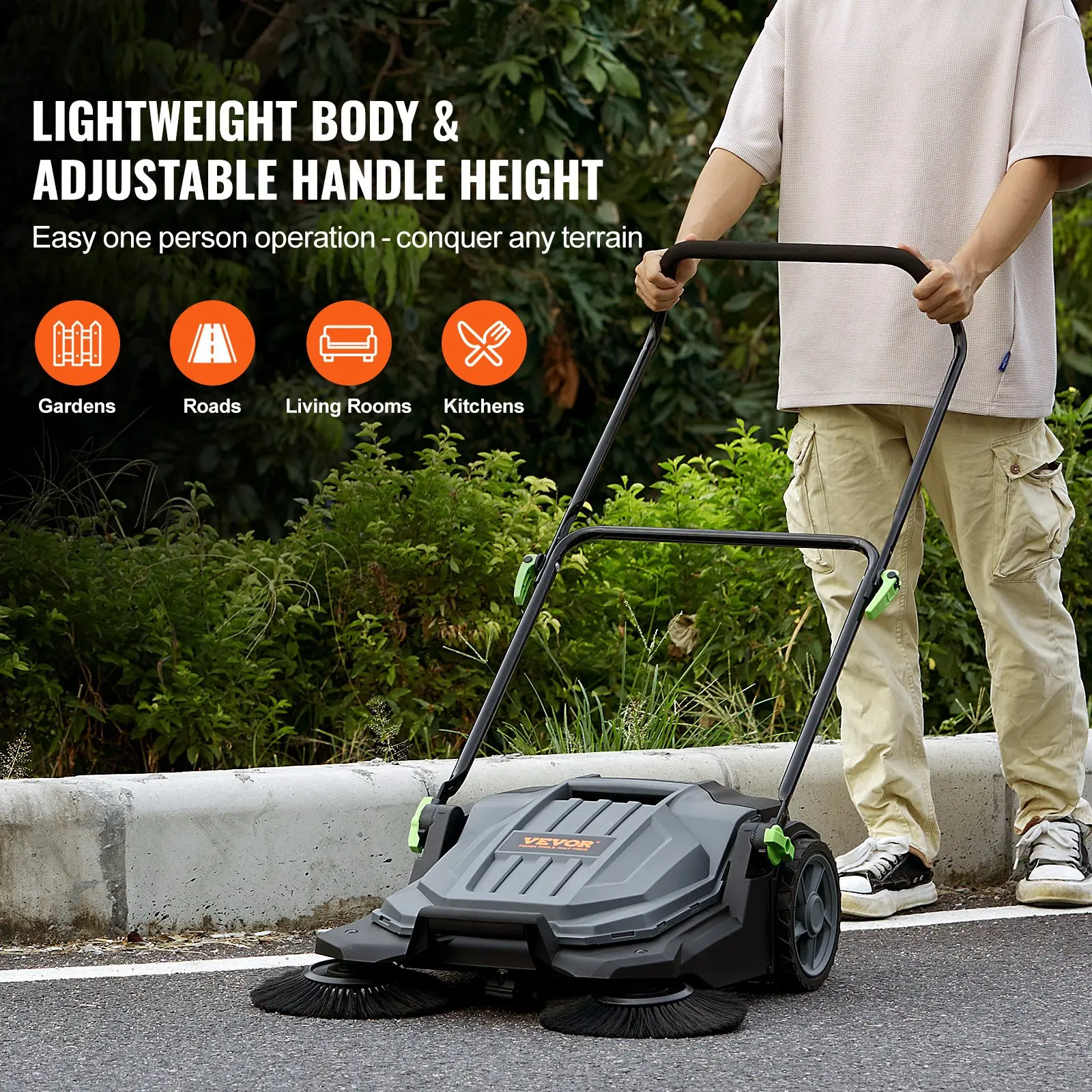 VEVOR Walk-behind Hand Push Floor Sweeper - 25.6" Width
