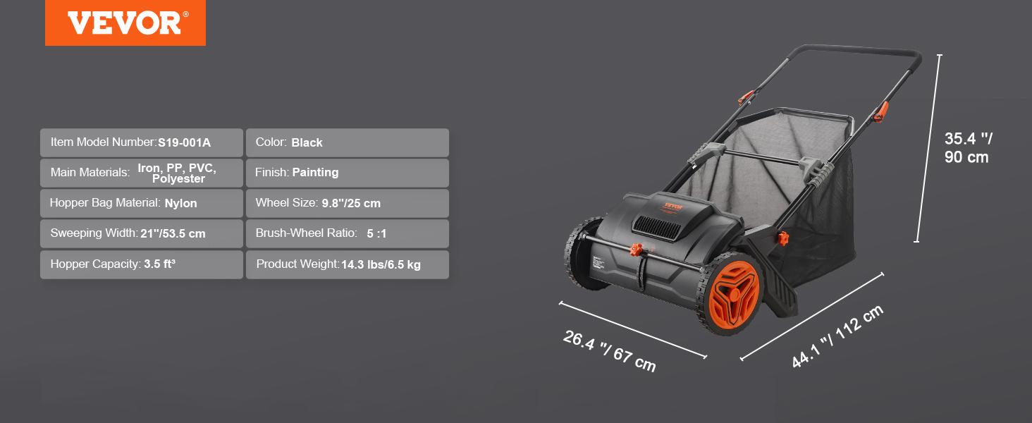 【Summerfinds】VEVOR Push Lawn Sweeper 21-Inch Leaf & Grass Collector with 3.5 cu. ft. Mesh Collection Hopper Bag 2 Spinning Brushes & Strong Rubber Wheels, Tools And Gadgets