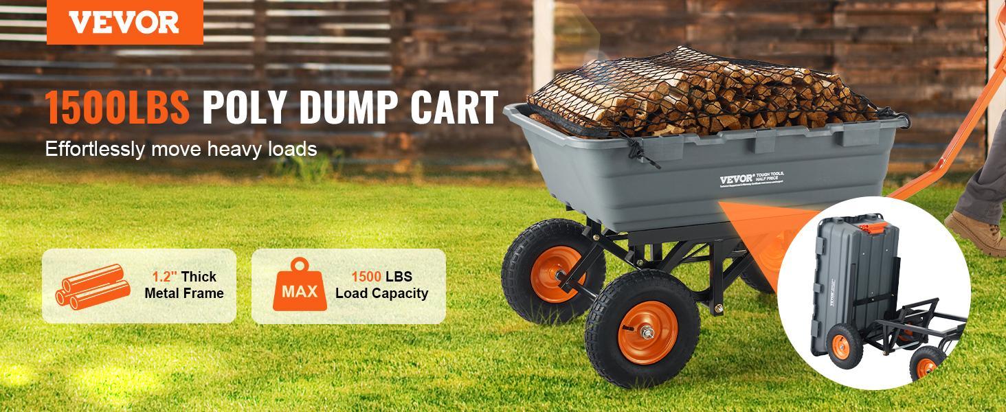 【Summerfinds】VEVOR Poly Garden Dump Cart with Easy to Assemble Steel Frame,  2-in-1 Convertible Handle, Max Capacity 1500 lbs, Utility Wheelbarrow Productivity Yard