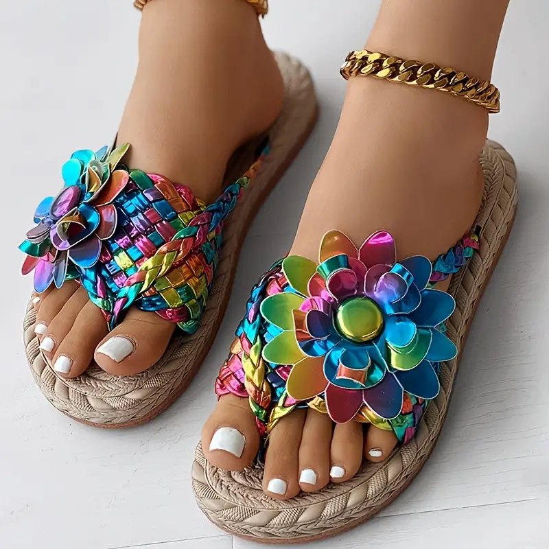 womens colorful floral decor thong sandals slip on open toe non slip lightweight shoes vacation summer beach shoes details 2